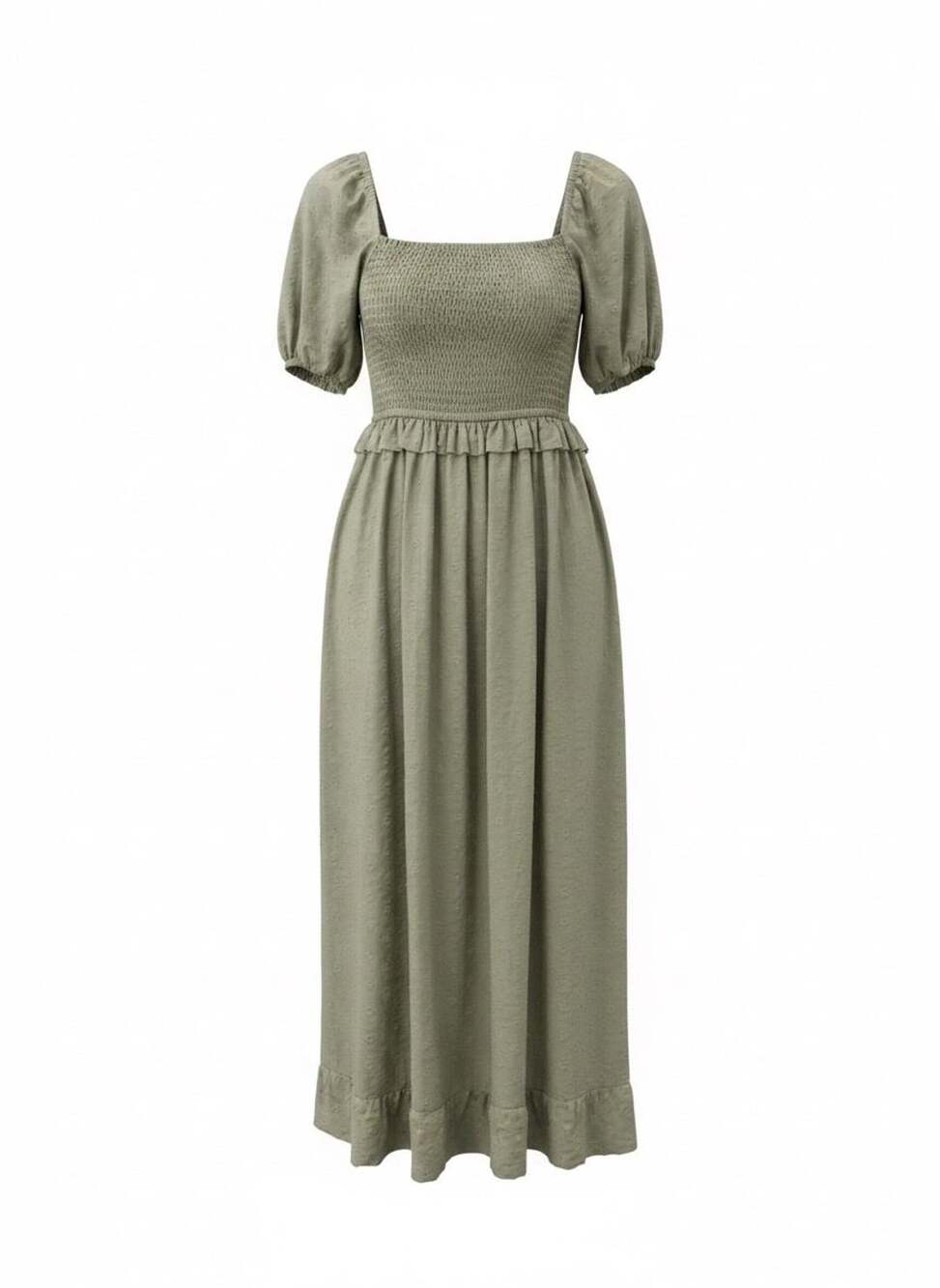 And Now This Green Swiss Dot Smocked Puff Sleeve Midi Dress
